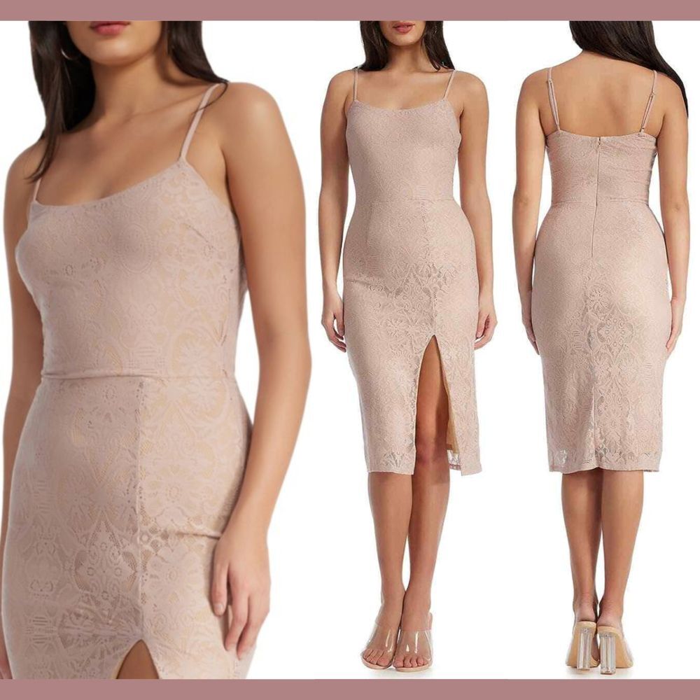 NEW Dress the Population [‎ Small ] Zahra Lace Front Slit Midi Dress Blush #Q892